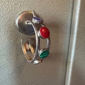 Silver Cuff Bracelet with Turquoise Red, Blue, Black and Green Stones